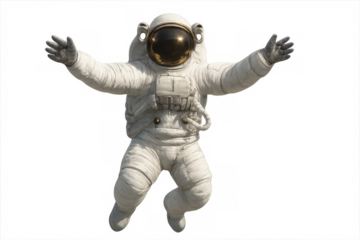 Astronaut wearing spacesuit floating with open arms, isolated on transparent background, ready for your space-themed projects