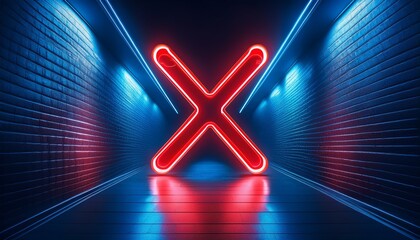 a red neon x sign glows ominously in a dark corridor with blue lighting concept of danger warning and futuristic restriction