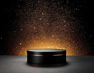 black round podium product stage on black background of golden glitter