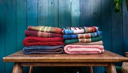 a vibrant display of colorful woven blankets stacked on a rustic table adding warmth and texture to any space perfect for home decor inspiration