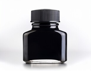 a black bottle of ink with a black cap the bottle is sitting on a white background isolated on white background