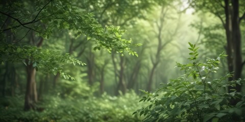 Blurred green leaves, soft focus, ethereal forest backdrop,  leaves,  diffuse