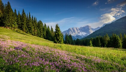 beautiful landscape with a forest glade of flowers and stunning mountains in the background