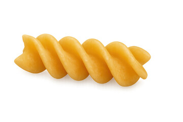 Spinning fusilli pasta revealing spiral structure on clear backdrop, highlighting culinary ingredient's unique geometric form