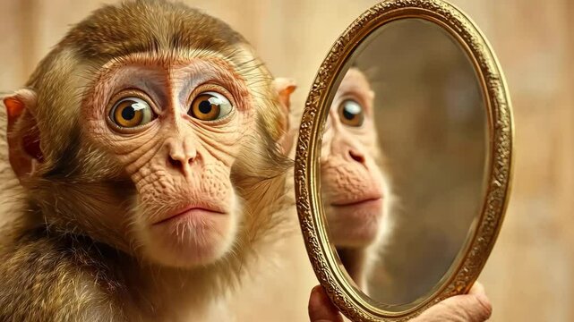 Monkey and Mirror Reflection: A curious monkey gazes intently at its reflection in a hand-held mirror, its expressive eyes and inquisitive gaze revealing a moment of self-discovery.