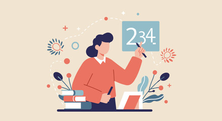 Woman calculating numbers while studying with books and plants  