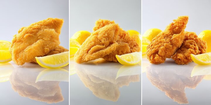 Tr&ecirc;s Fatias de Frango Frito com Fatias de Lim&atilde;o em Superf&iacute;cie Refletora