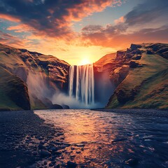 Majestic waterfall at sunset cascading through dramatic mountains.
