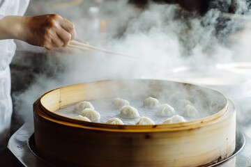Cooking traditional dumplings a bamboo steamer Asian cuisine delicate flavors