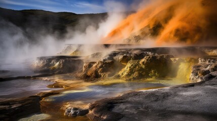 Obraz premium A yellow and orange mountain with steam coming out of it
