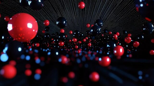 Ultra HD loop of floating data spheres and digital mesh patterns, featuring a POV zoom-in with a mesmerizing futuristic glow.