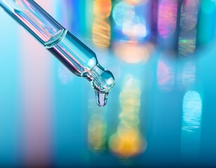 Fototapeta premium close up of dropper with liquid against a glassy background in light blue colors with pastel rainbow hues and holographic reflections