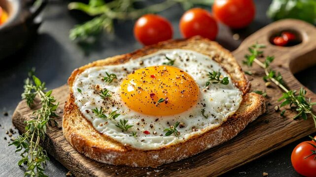 Sunny Side Up Toast: A perfectly cooked sunny-side up egg on toasted bread, sprinkled with herbs and spices, creates a tempting breakfast or brunch scene, ready to be enjoyed.