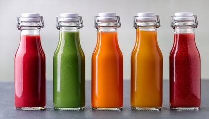 bottles with blank mock ap labels with red green and orange smoothies