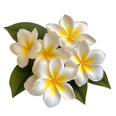 Naklejka premium Group of frangipani flowers with green leaves isolated on transparent background
