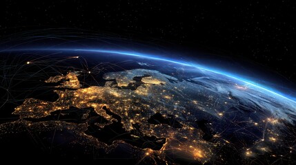 Obraz premium A Stunning View of Europe from Space at Night with Glowing City Lights and Starry Sky Depicting Urban Expansion and Connectivity of the Continent