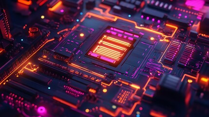 Obraz premium Close-up view of a detailed circuit board with glowing lines.