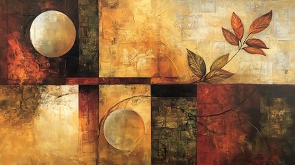 Abstract design with circles and leaves.