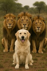 a dog with three lions in background 