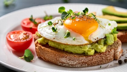 a close up of an egg and avocado toast with a sprinkle of cheese and herbs served with tomatoes on a white plate