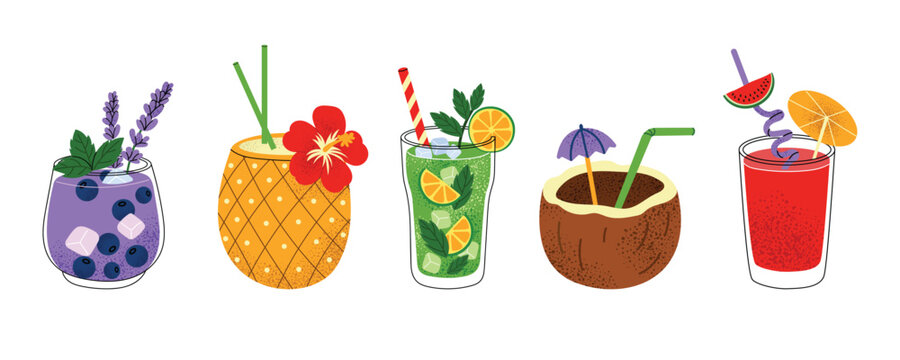 Collection of tropical summer cocktails in flat vector style. Colorful refreshing drinks with fruits, herbs and ice: blueberry, pineapple, mojito, coconut and watermelon. Isolated on white background.