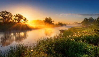 Fototapeta premium a misty river with the sun rising in the distance casting a golden glow over the water
