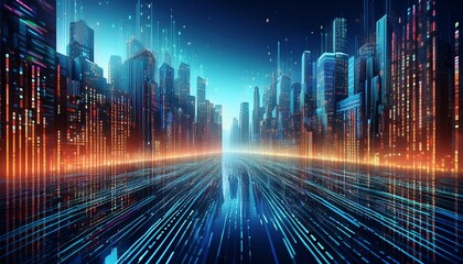 a futuristic cityscape with buildings formed by towering columns of binary code illustrating the pervasive nature of digital information in modern society