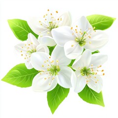 Fototapeta premium A cluster of five pristine white blossoms, surrounded by vibrant green leaves, isolated on a stark white background. The image is digitally rendered with sharp detail