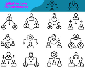 A human resource icon set includes vector illustrations of concepts like recruitment, employee management, teamwork, resumes, interviews, training, and performance evaluation, ideal for corporate.