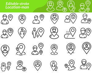 A location-man icon set includes vector illustrations that combine human figures with location symbols such as map pins, GPS markers, navigation paths, and geolocation tags.