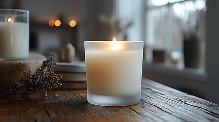 A serene candlelit setting showcasing a glowing candle on a rustic wooden table with soft background ambiance