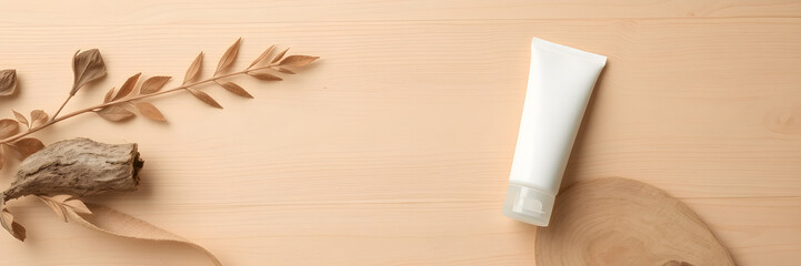 Natural Skincare Product Mockup Tube on Wooden Background with Dried Flowers