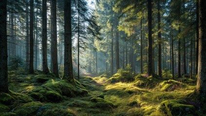 Sunlit Forest Path: Green Mossy Ground and Tall Trees