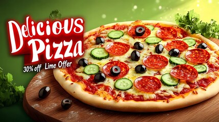 A delicious pizza topped with salami, olives, and cucumbers.