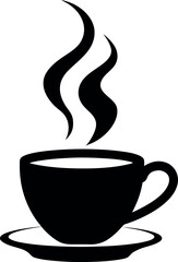 Black and White Silhouette of Coffee Cup with Steam on Saucer