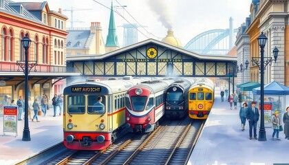 Obraz premium Vintage Train Station Scene Colorful Trains and European Architecture