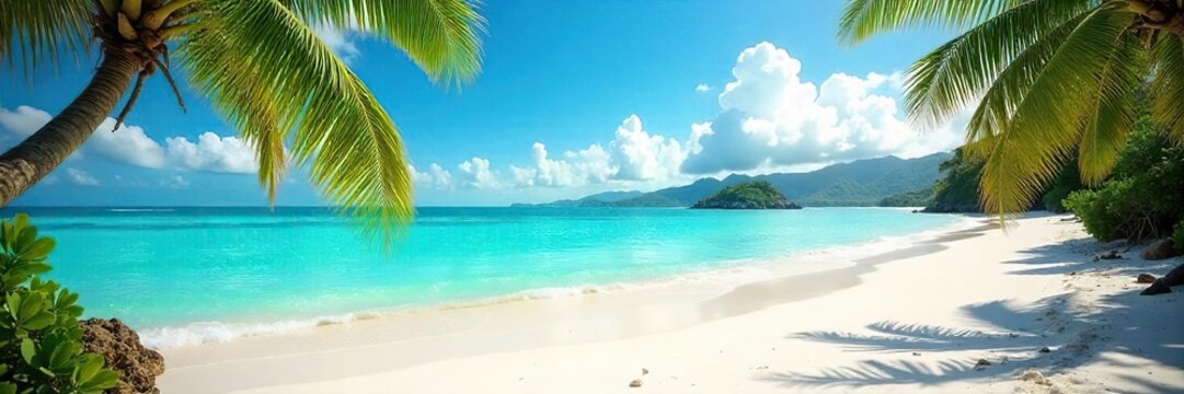 Sun-drenched beach scene with vibrant turquoise water, soft white sand, and lush tropical greenery  Perfect for summer vacation themes and travel promotions , ocean, exotic