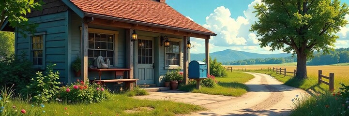 A sunny day at a charming, rustic post office with overflowing mailboxes and lush green landscaping  Perfect for themes of communication, rural life, and nostalgic Americana ,  spring,  day