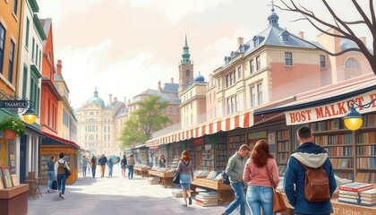Fototapeta premium Charming European Book Market Street Scene