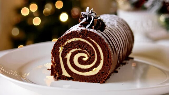 Delicious chocolate yule log cake dusted with icing sugar, festive dessert with a spiral creamy filling on a white plate against blurred background.
