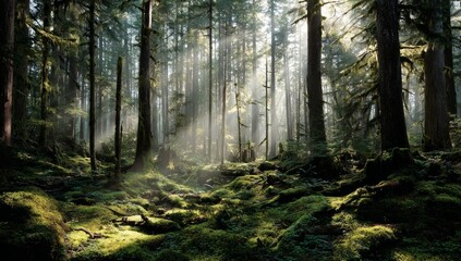 Fototapeta premium Sunlit Forest Path: Lush Green Canopy and Mossy Undergrowth