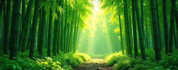 Fototapeta premium Lush green bamboo stalks in a vibrant forest, sunlight filtering through the leaves, creating dappled shadows on the ground Perfect for nature, tranquility, and Asian themes , shadows, growth