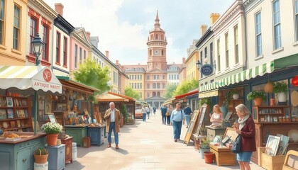 Charming European Street Scene Antique Market and Quaint Shops
