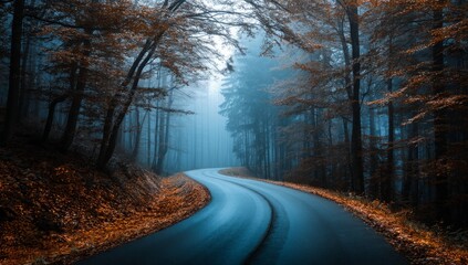 Winding Road Through a Misty Autumn Forest