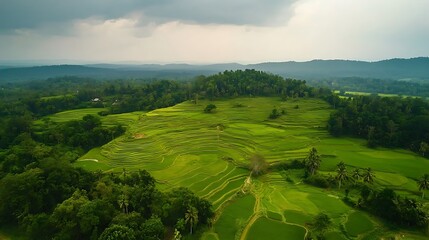 Obraz premium Aerial view of green rice field in Bali island, Indonesia