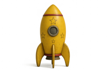 Toy rocket launching through starry cosmos, yellow spaceship with porthole against transparent backdrop, ideal for kids' designs