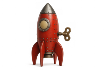 Red retro rocket toy standing with winding key inserted, isolated on transparent background, ready for takeoff