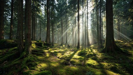 Fototapeta premium Sunlit Forest Path: Mossy Ground and Sunlight Beams