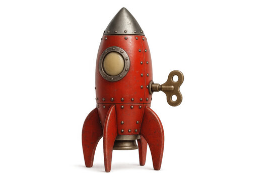 Red retro rocket toy standing with winding key inserted, isolated on transparent background, ready for takeoff
