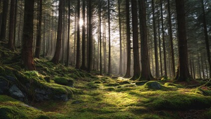 Obraz premium Sunlit Forest Path: Mossy Ground and Tall Trees